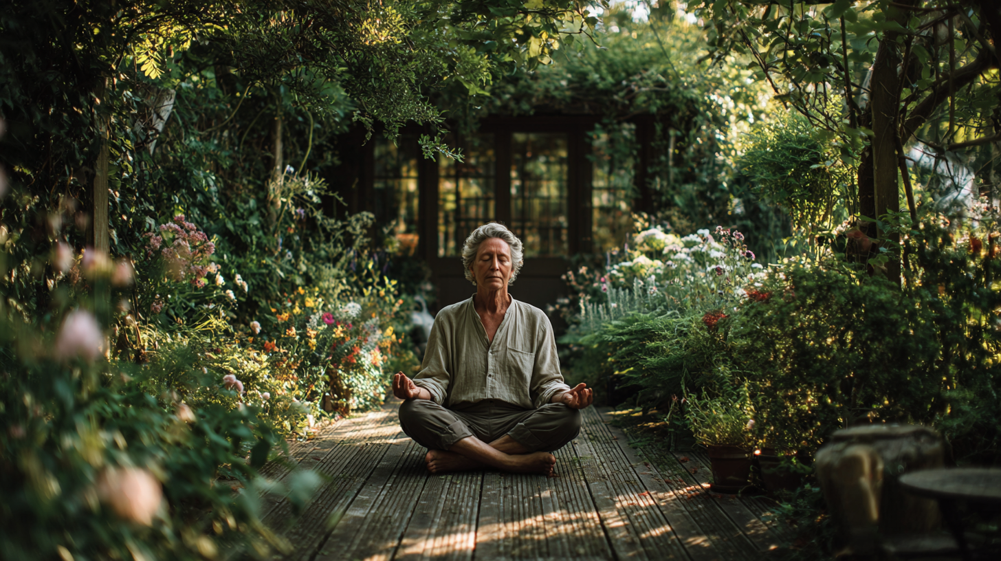 Група людей старшого віку виконує йогу на природі